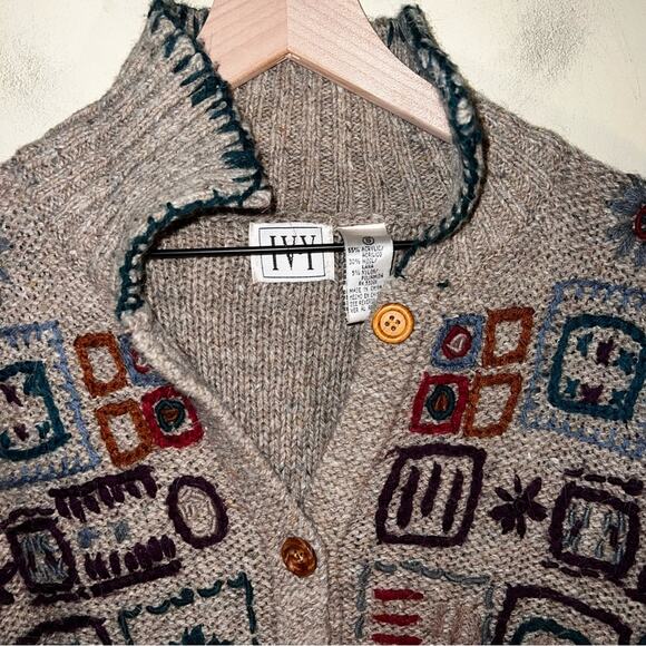 VINTAGE IVY wool knit cardigan sweater with embroidery S - Picture 3 of 6